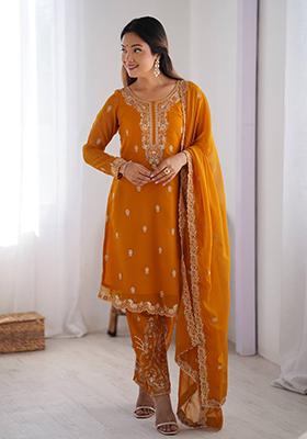 Orange Embroidered Chinon Silk Palazzo Set With Dupatta