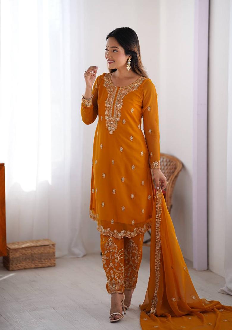 Orange Embroidered Chinon Silk Palazzo Set With Dupatta