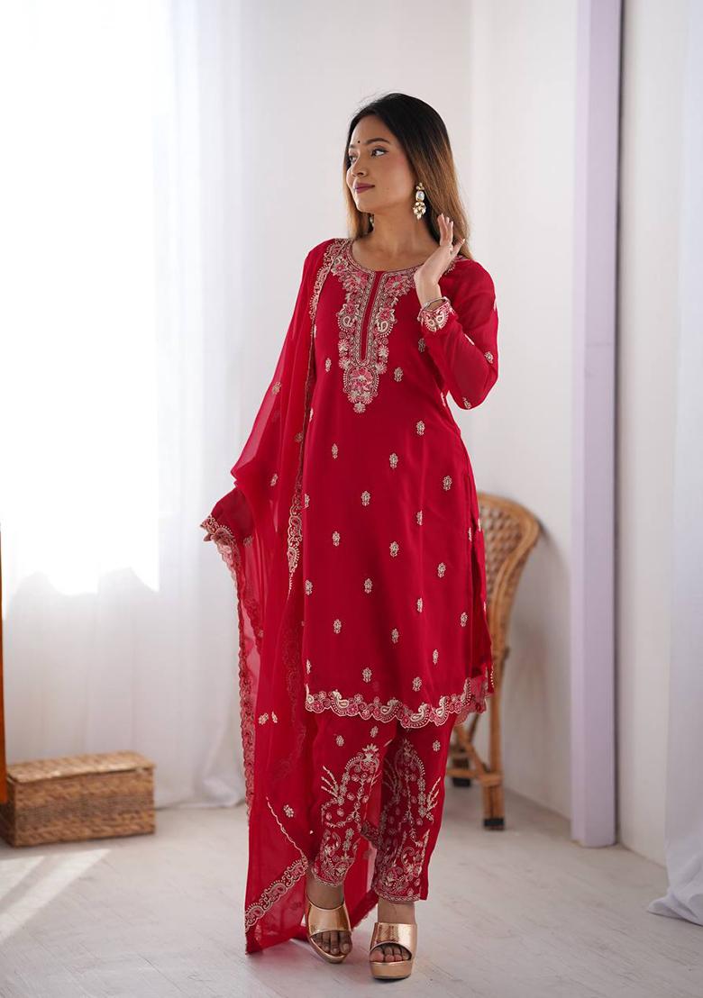 Red Embroidered Chinon Silk Palazzo Set With Dupatta