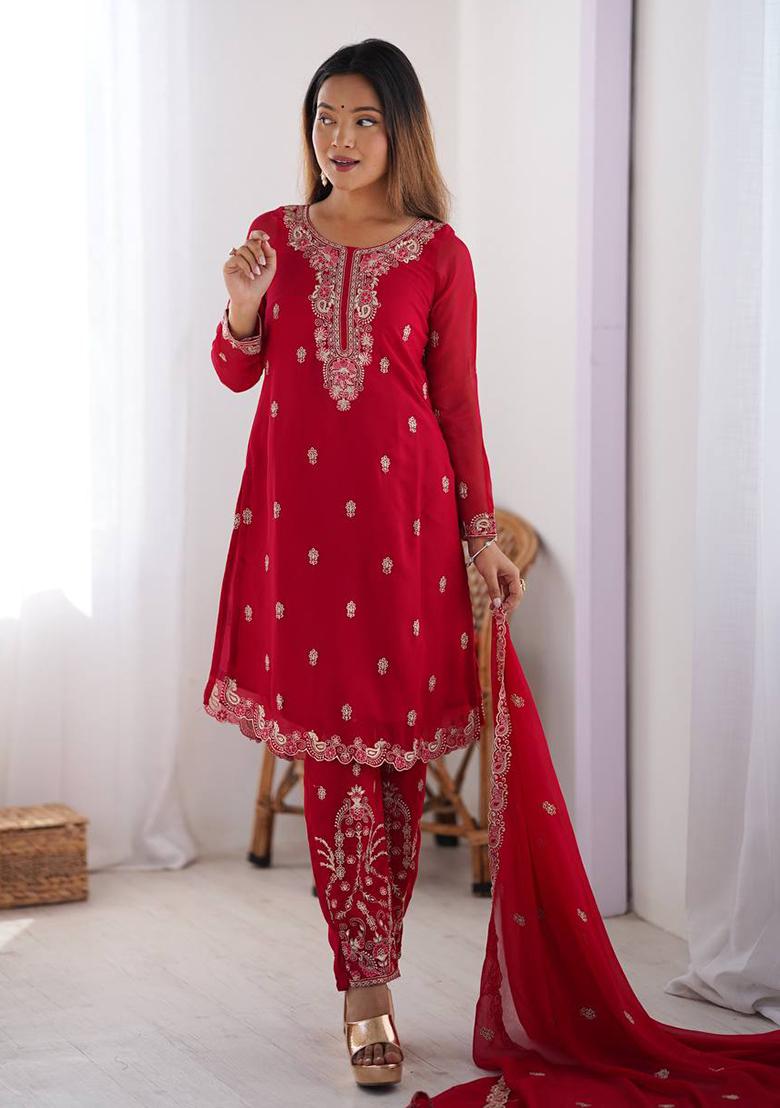 Red Embroidered Chinon Silk Palazzo Set With Dupatta