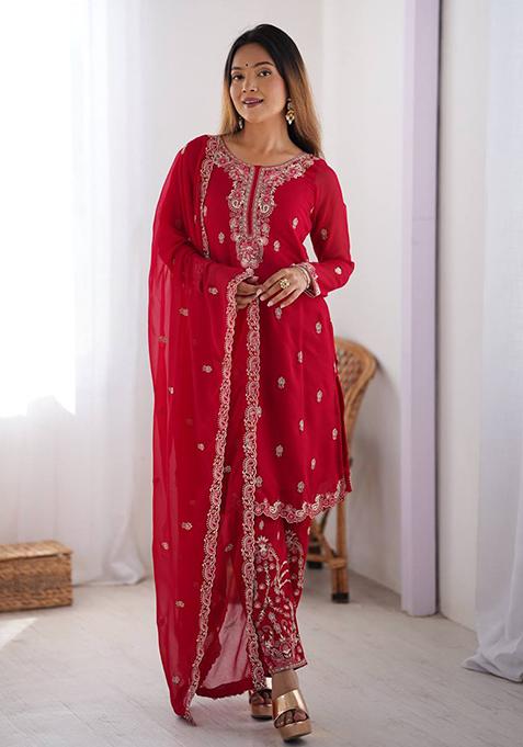 Red Embroidered Chinon Silk Palazzo Set With Dupatta