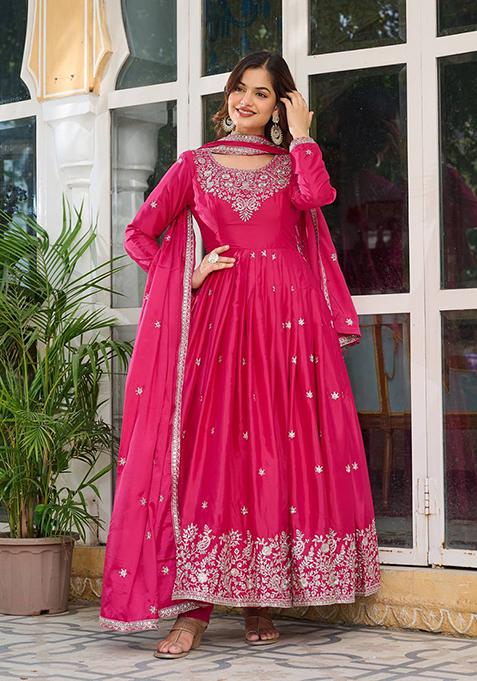 Pink Embroidered Silk Anarakli Set With Dupatta