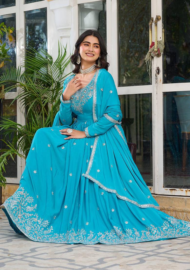 Skyblue Embroidered Silk Anarakli Set With Dupatta