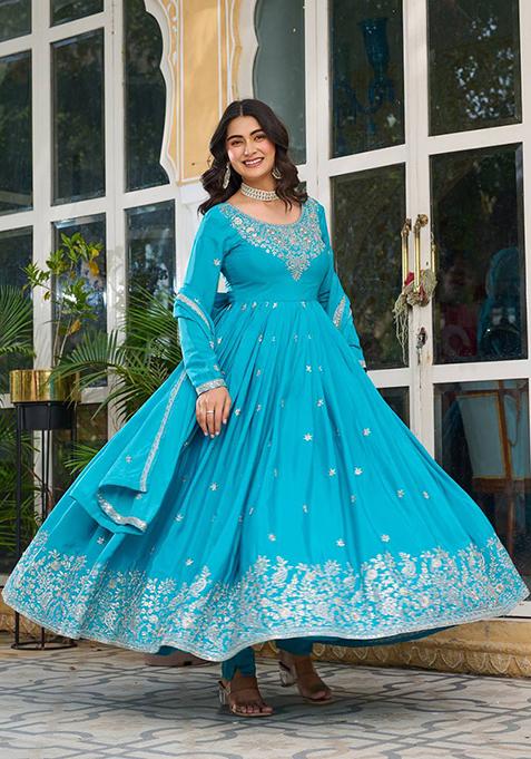 Skyblue Embroidered Silk Anarakli Set With Dupatta