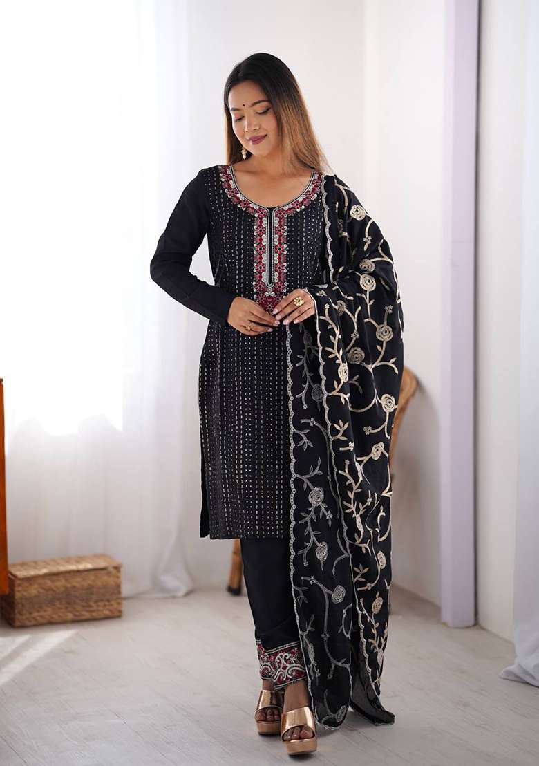 Black Embroidered Chinon Silk Palazzo Set With Dupatta - Indya