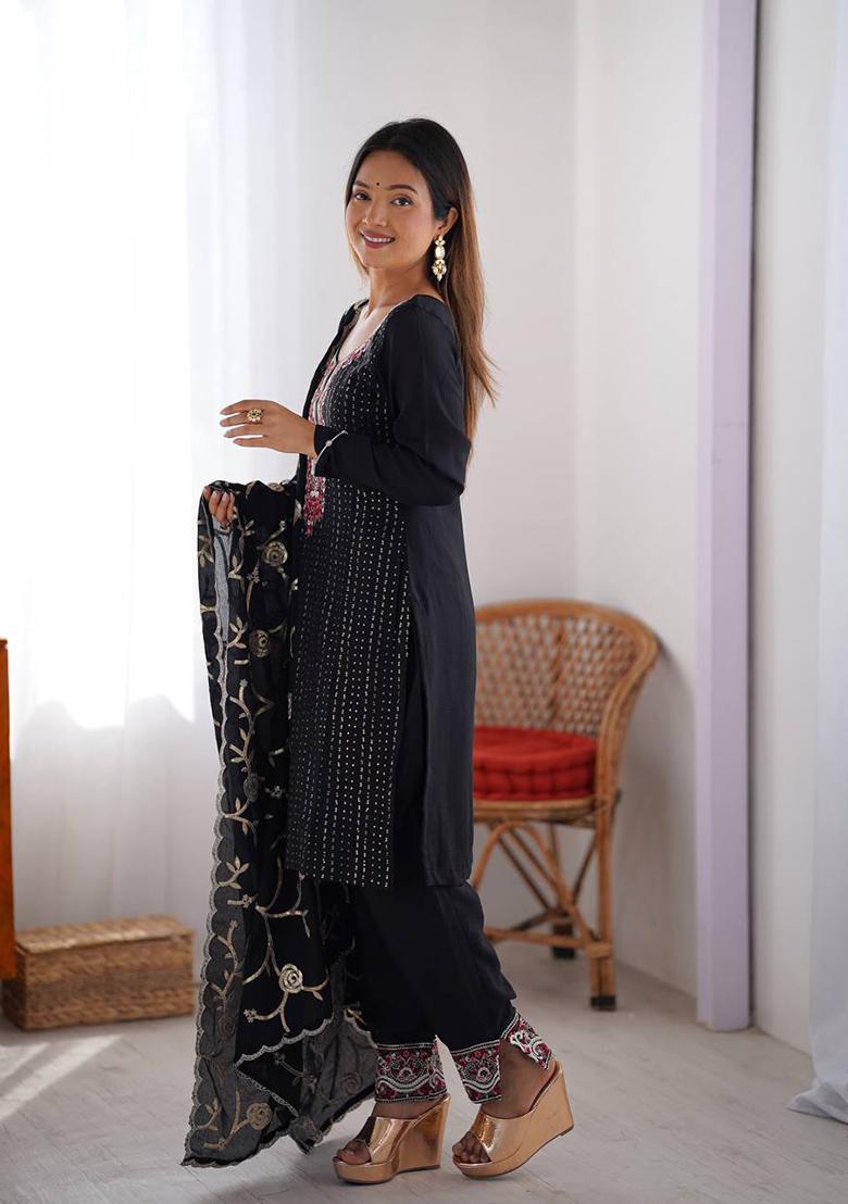 Black Embroidered Chinon Silk Palazzo Set With Dupatta