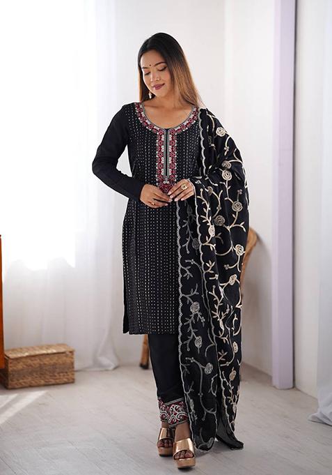 Black Embroidered Chinon Silk Palazzo Set With Dupatta