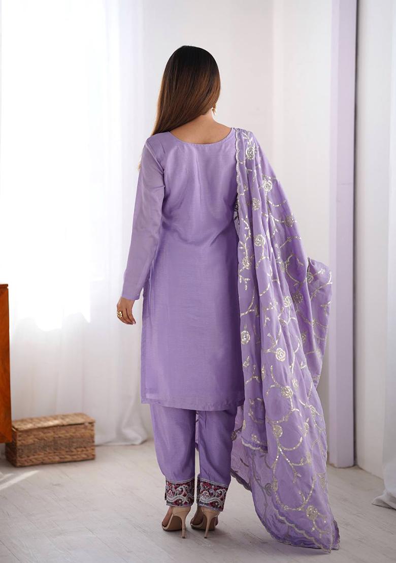 Purple Embroidered Chinon Silk Palazzo Set With Dupatta