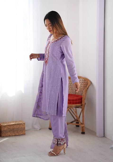 Purple Embroidered Chinon Silk Palazzo Set With Dupatta