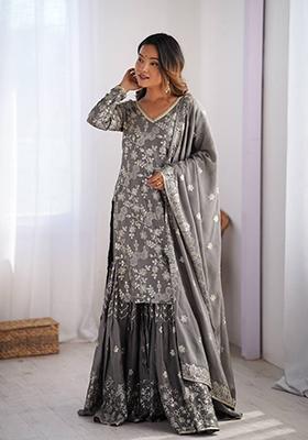 Grey Embroidered Chinon Silk Palazzo Set With Dupatta