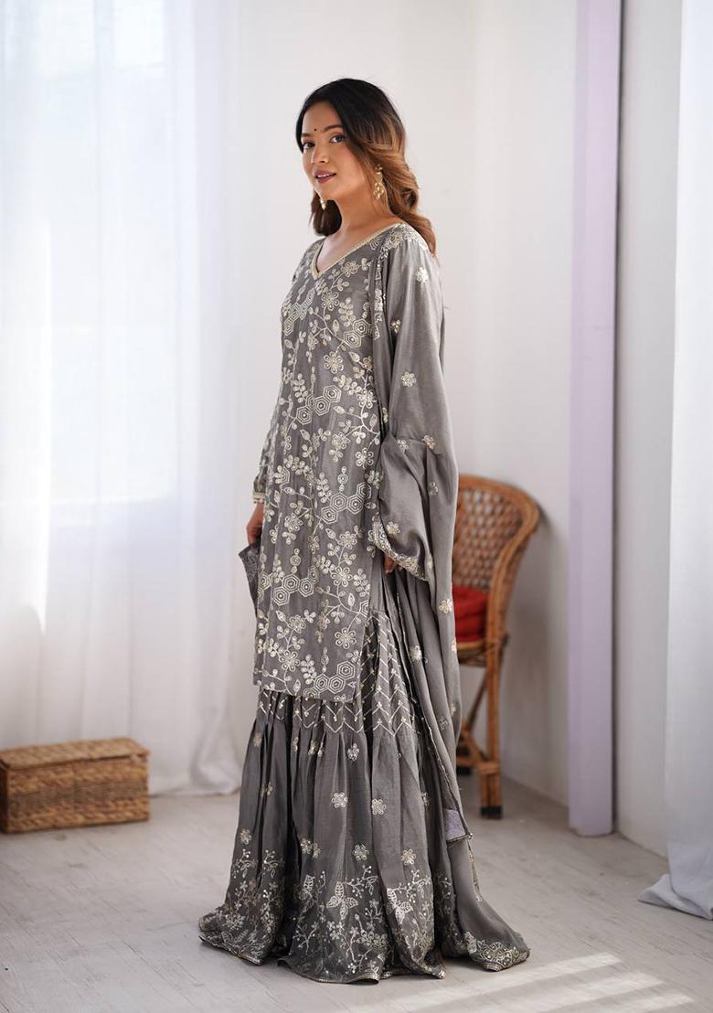 Grey Embroidered Chinon Silk Palazzo Set With Dupatta