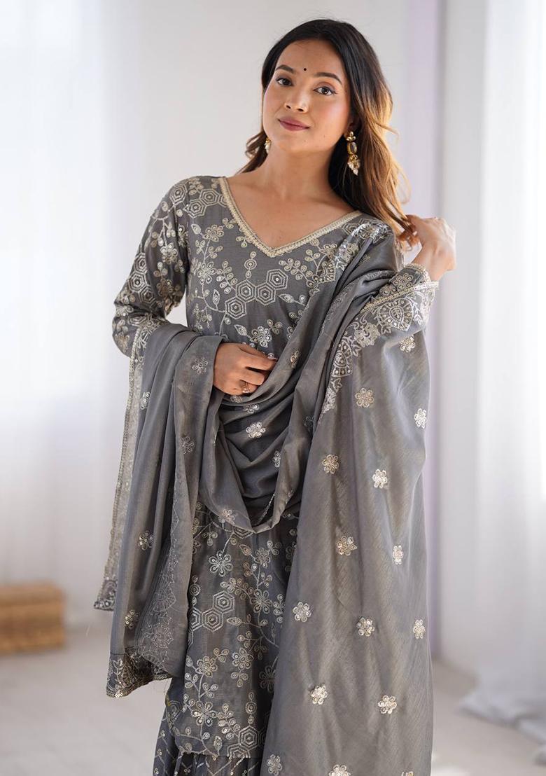 Grey Embroidered Chinon Silk Palazzo Set With Dupatta