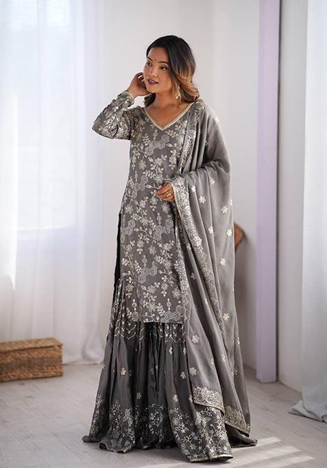 Grey Embroidered Chinon Silk Palazzo Set With Dupatta