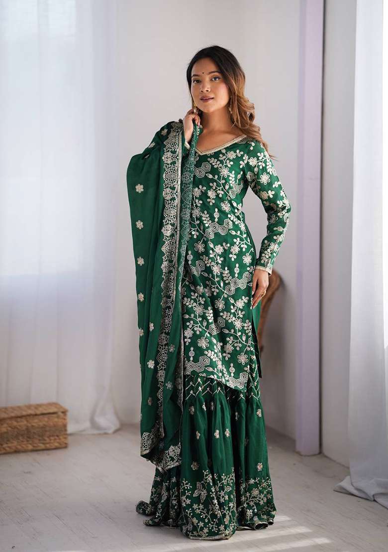 Green Embroidered Chinon Silk Palazzo Set With Dupatta - Indya
