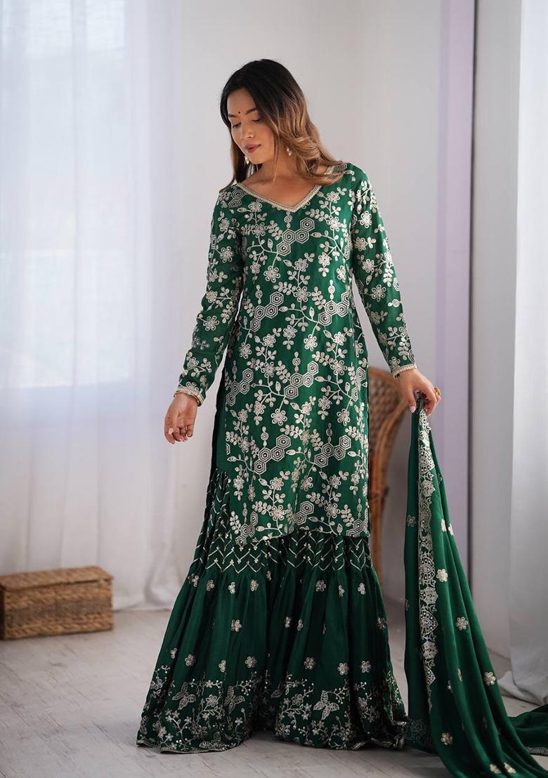 Green Embroidered Chinon Silk Palazzo Set With Dupatta