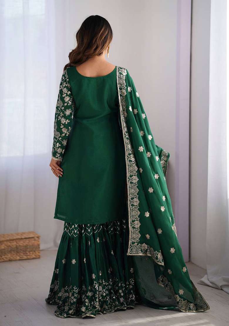 Green Embroidered Chinon Silk Palazzo Set With Dupatta - Indya