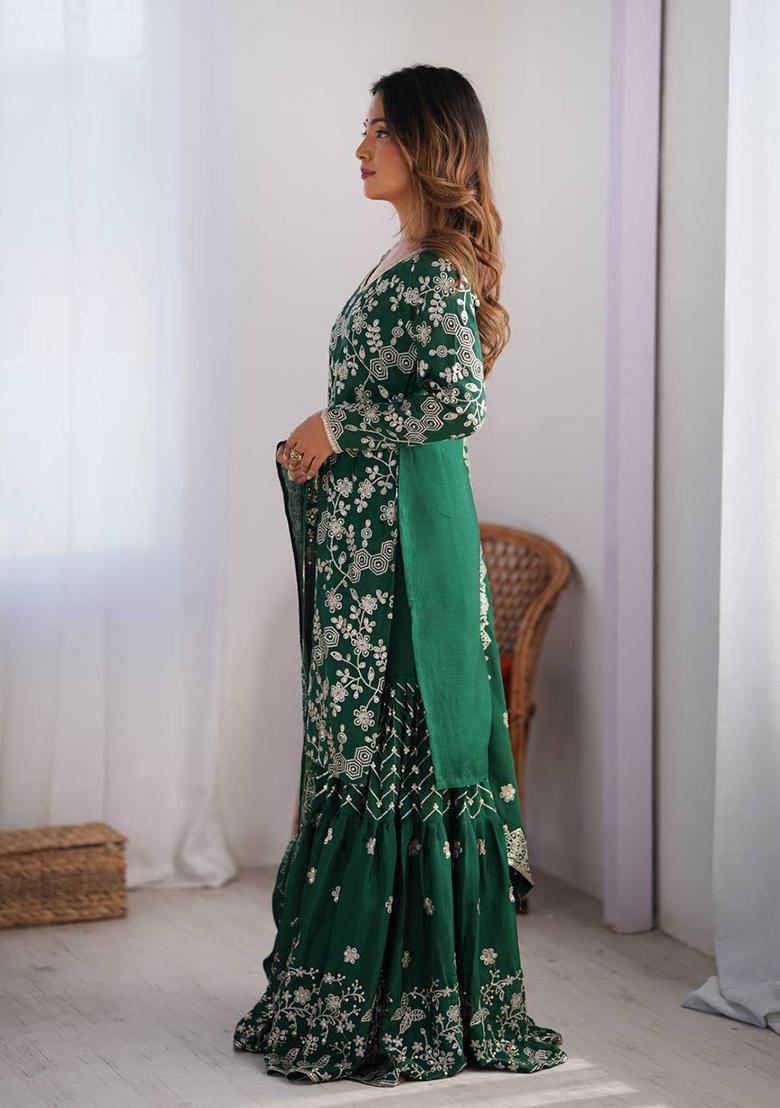 Green Embroidered Chinon Silk Palazzo Set With Dupatta