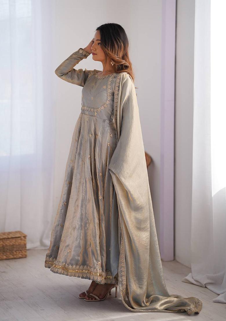 Grey Embroidered Silk Anarakli Set With Dupatta