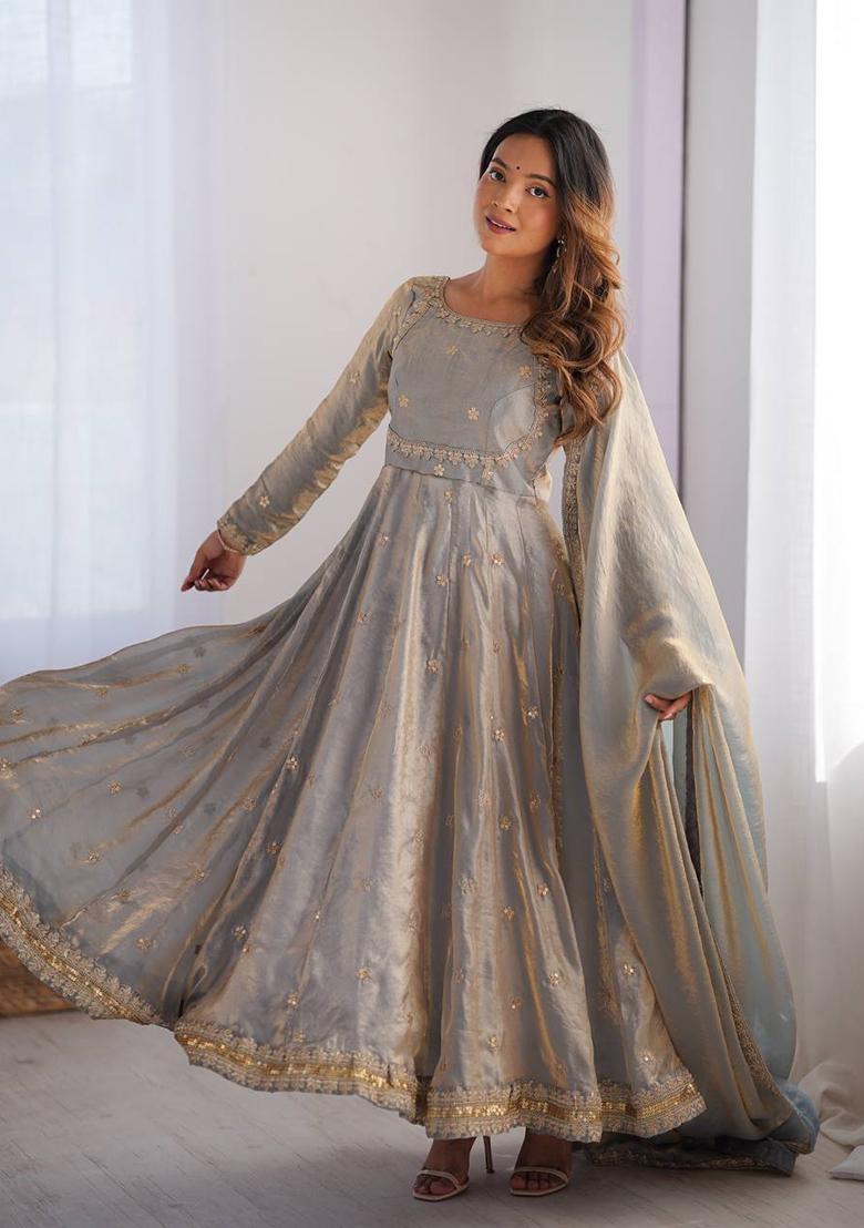Grey Embroidered Silk Anarakli Set With Dupatta