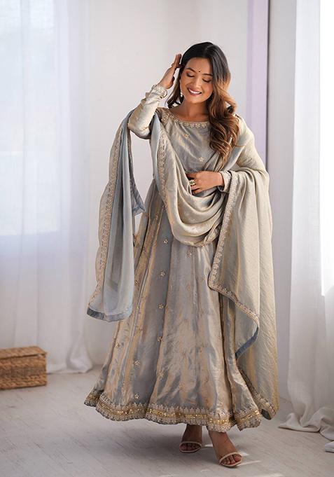 Grey Embroidered Silk Anarakli Set With Dupatta
