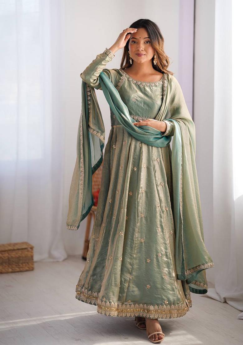 Green Embroidered Silk Anarakli Set With Dupatta