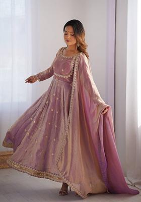 Pink Embroidered Silk Anarakli Set With Dupatta