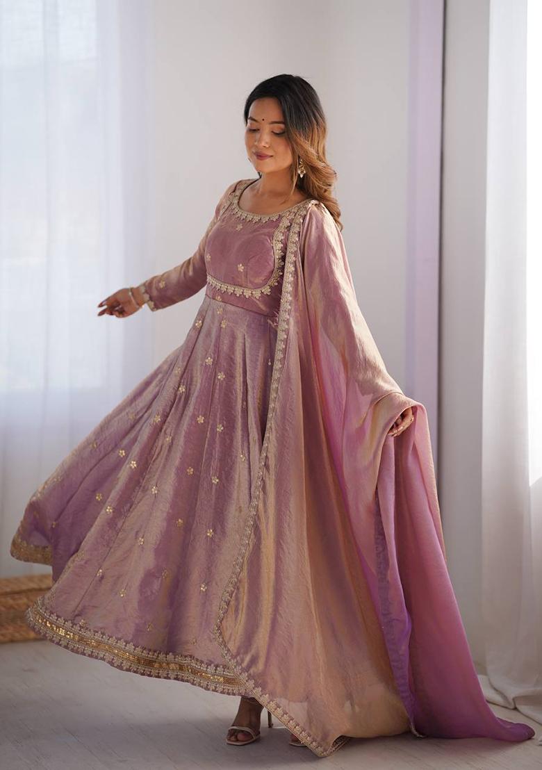 Pink Embroidered Silk Anarakli Set With Dupatta