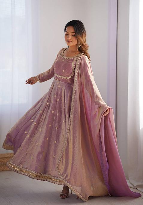 Pink Embroidered Silk Anarakli Set With Dupatta