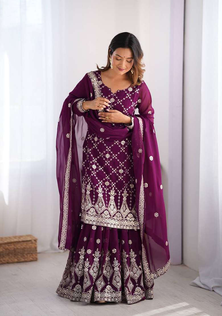 Wine Embroidered Georgette Palazzo Set With Dupatta - Indya