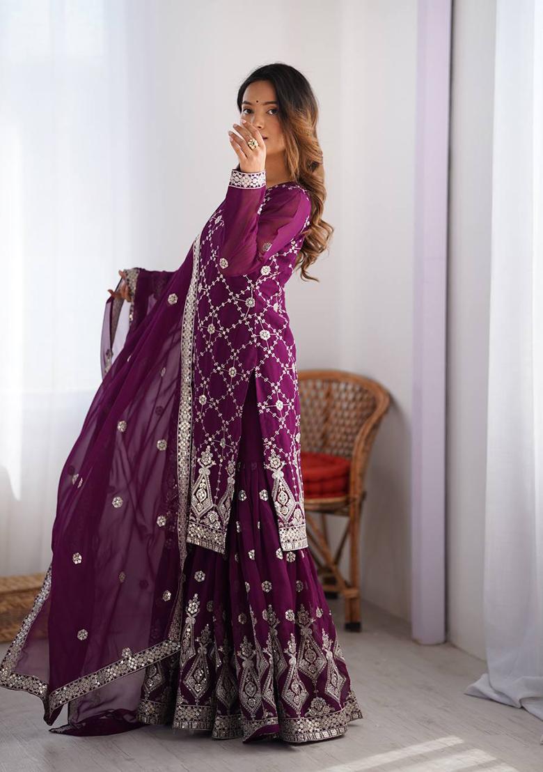 Wine Embroidered Georgette Palazzo Set With Dupatta