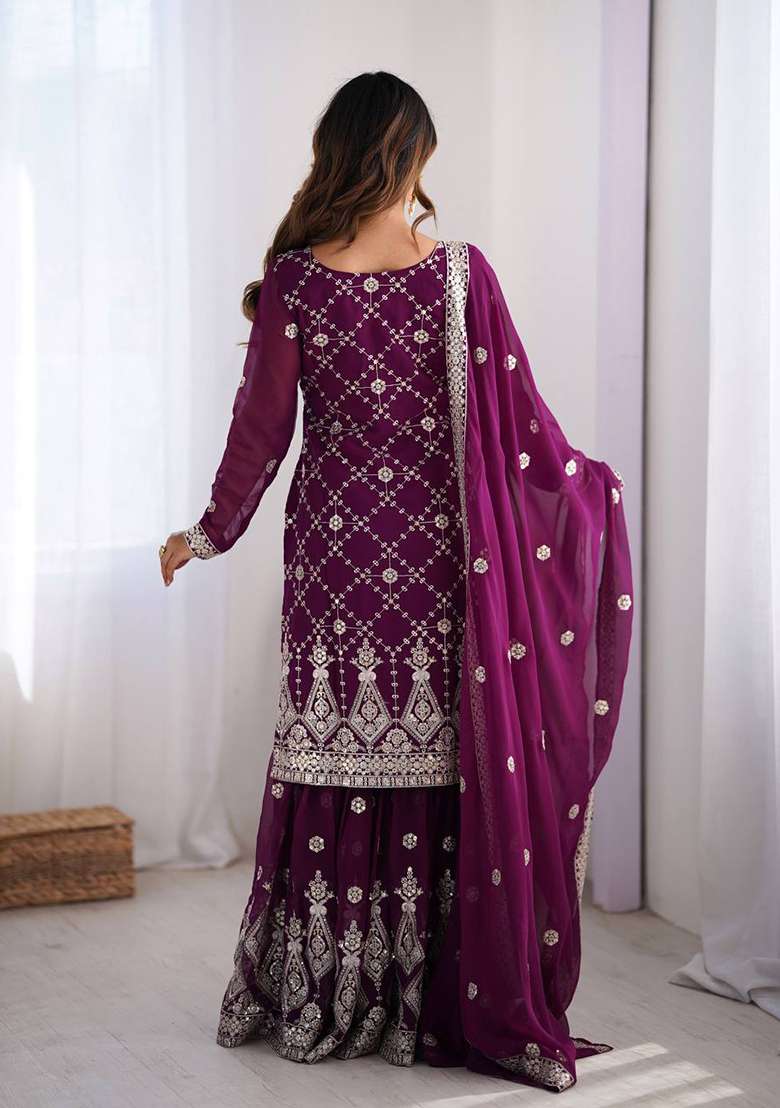 Wine Embroidered Georgette Palazzo Set With Dupatta - Indya