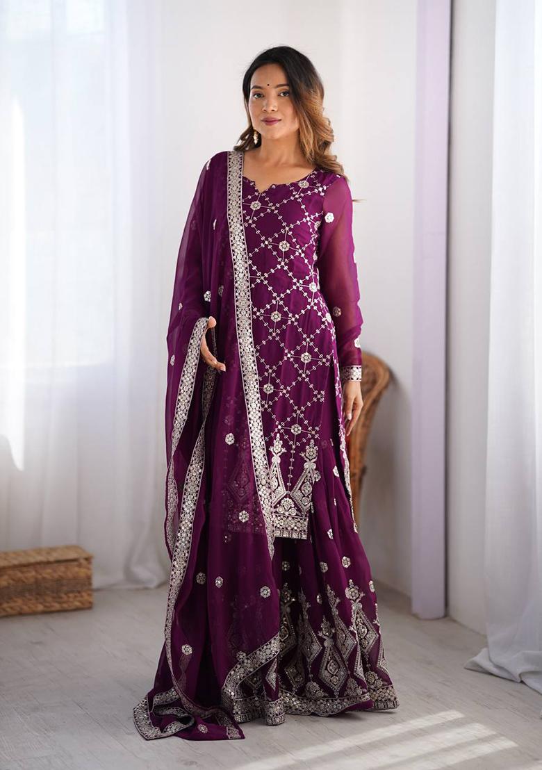 Wine Embroidered Georgette Palazzo Set With Dupatta