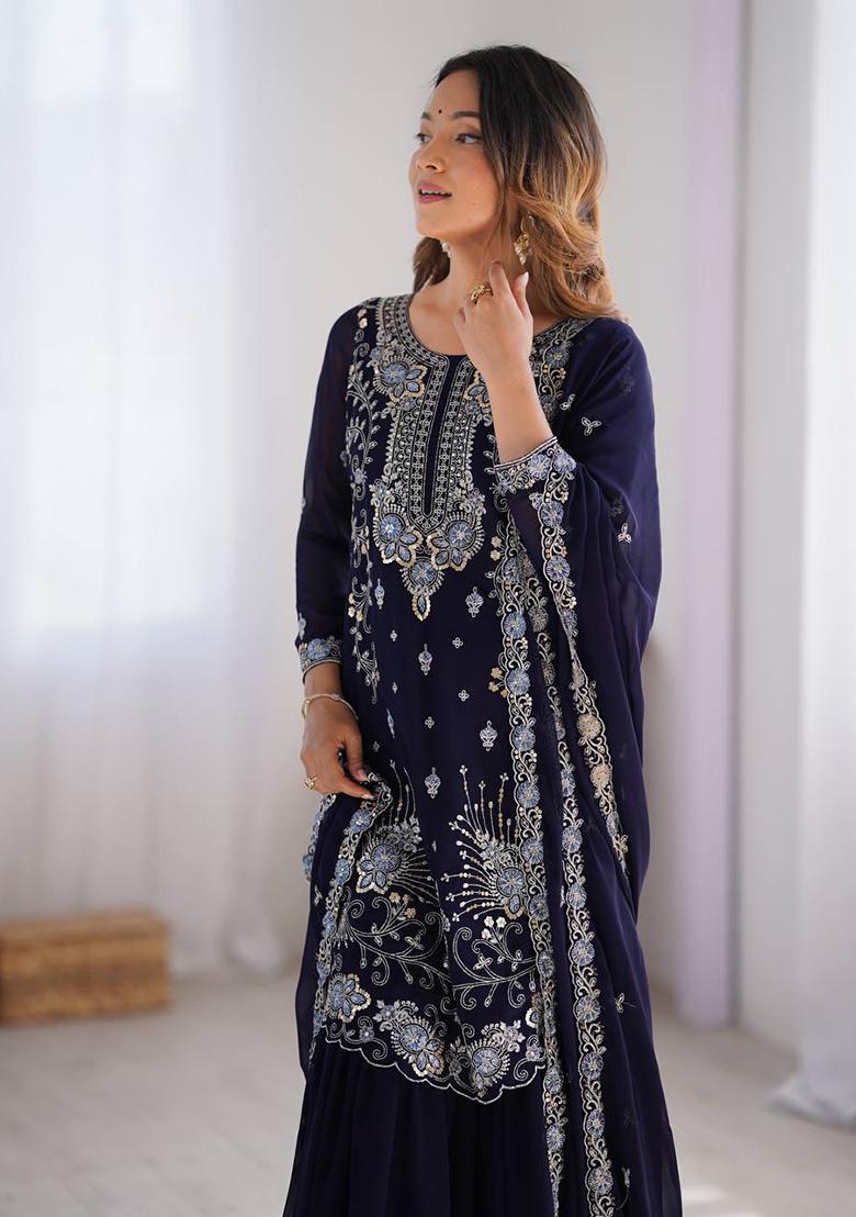 Blue Embroidered Georgette Palazzo Set With Dupatta