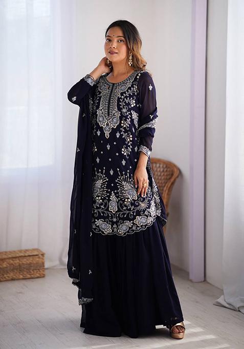 Blue Embroidered Georgette Palazzo Set With Dupatta