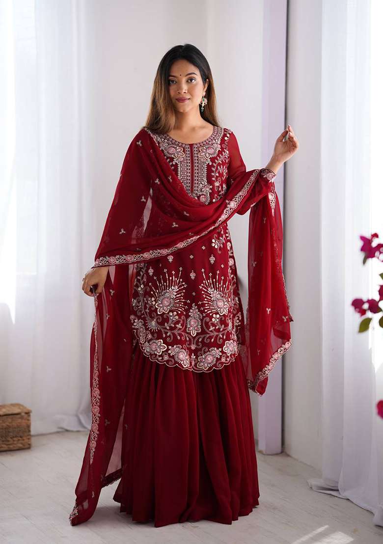 Red Embroidered Georgette Palazzo Set With Dupatta - Indya