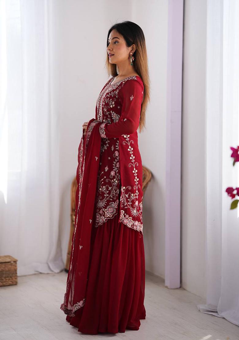 Red Embroidered Georgette Palazzo Set With Dupatta
