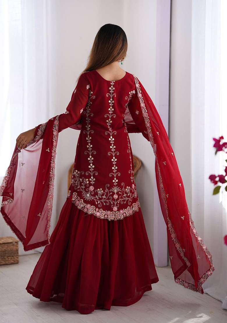 Red Embroidered Georgette Palazzo Set With Dupatta - Indya
