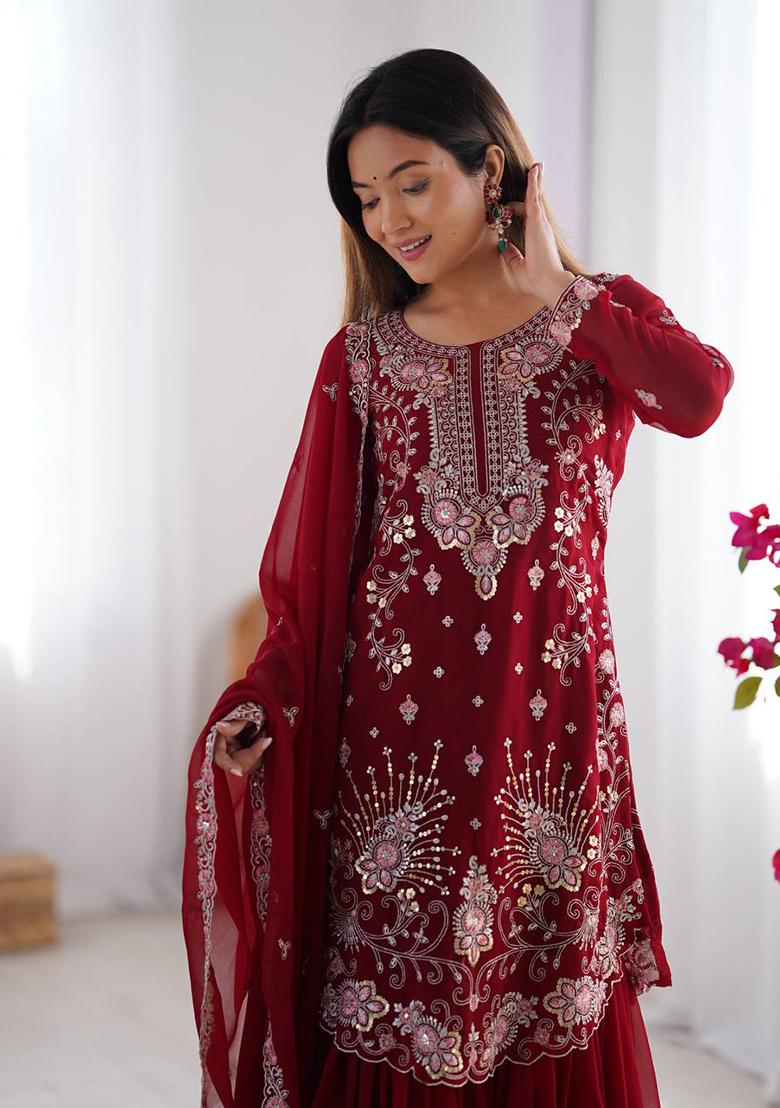 Red Embroidered Georgette Palazzo Set With Dupatta
