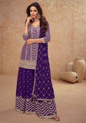 Purple Embroidered Chinnon   Plazzo Set With Dupatta