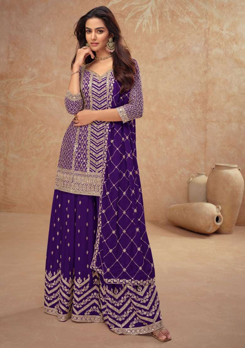 Purple Embroidered Chinnon   Plazzo Set With Dupatta - Indya