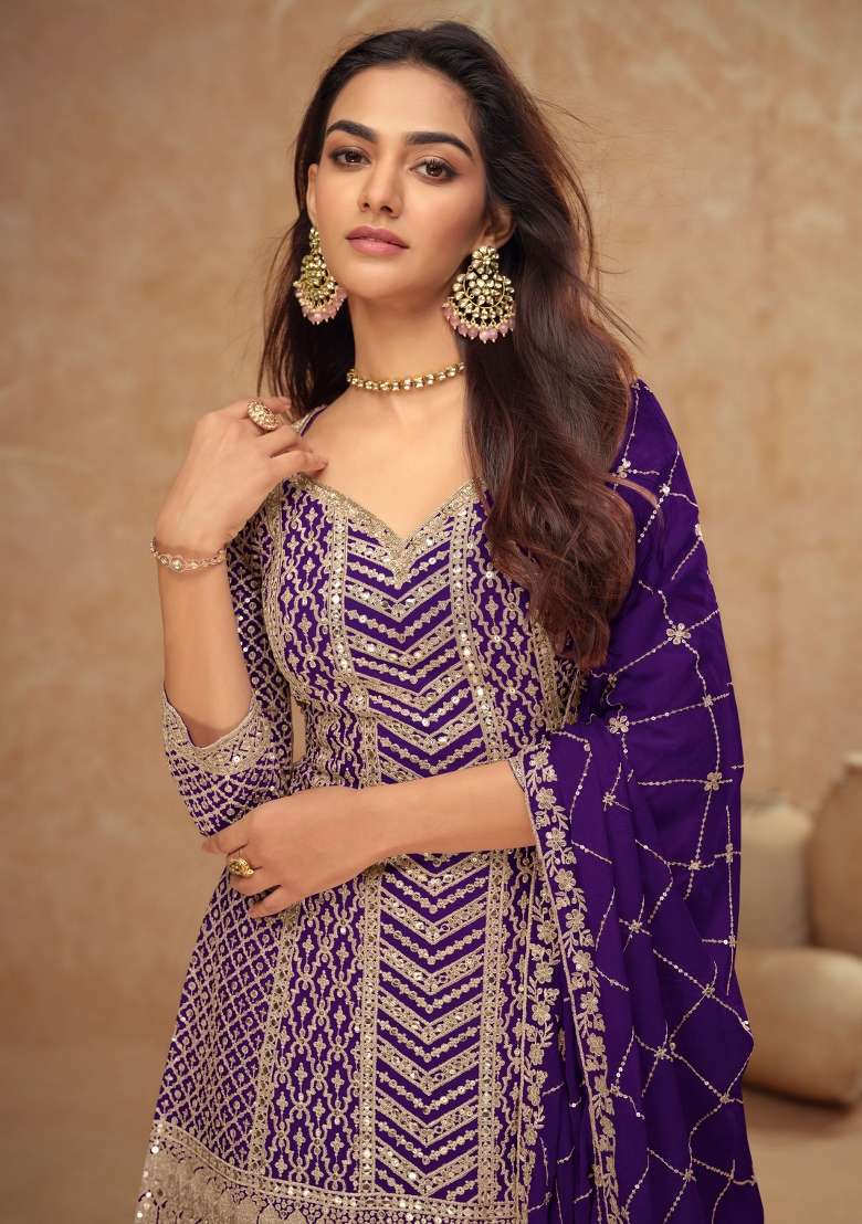 Purple Embroidered Chinnon   Plazzo Set With Dupatta - Indya
