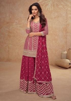 Pink Embroidered Chinnon   Plazzo Set With Dupatta