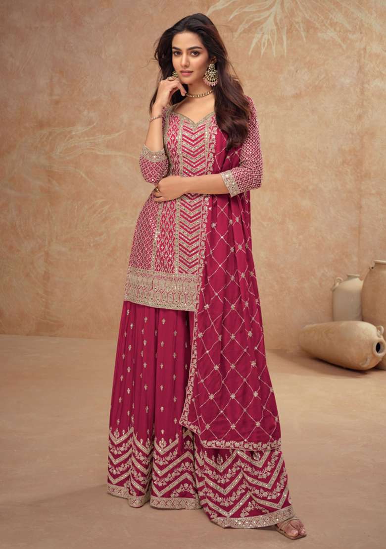Pink Embroidered Chinnon   Plazzo Set With Dupatta - Indya