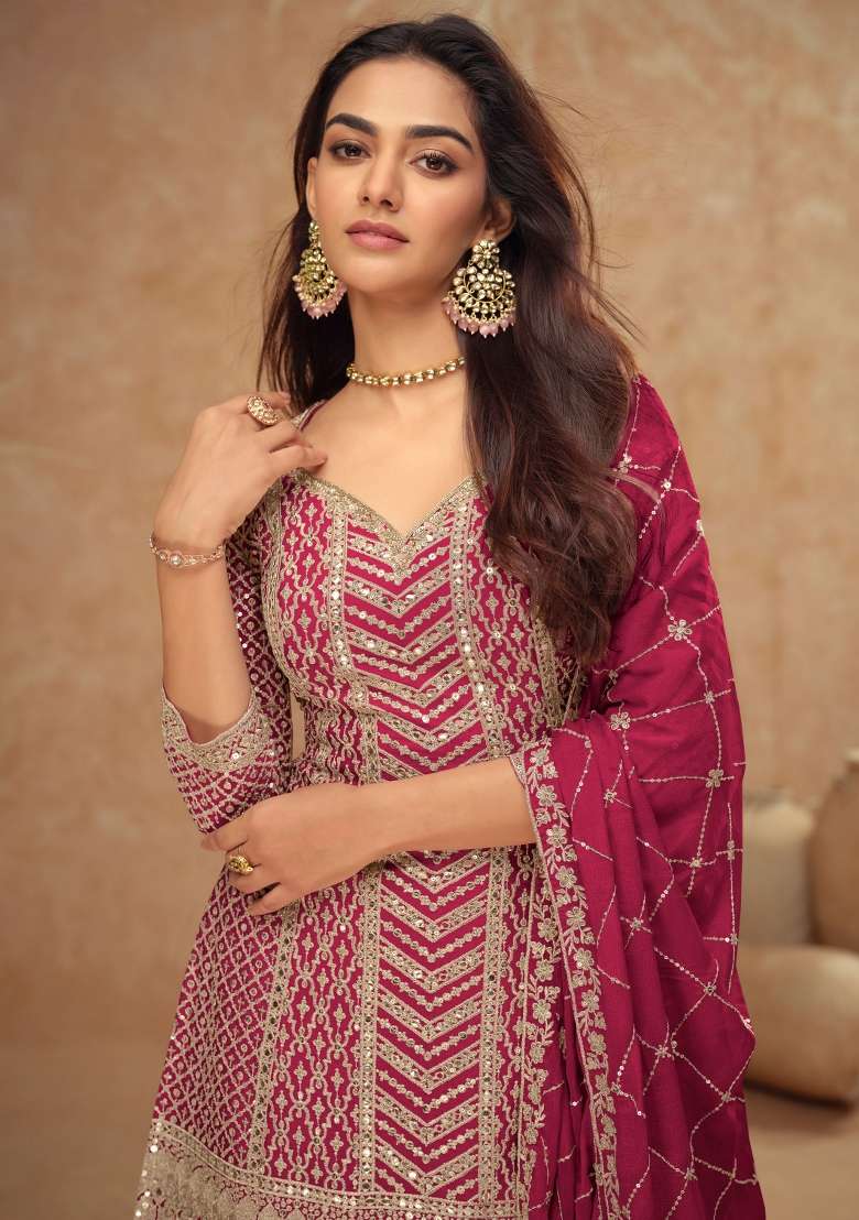 Pink Embroidered Chinnon   Plazzo Set With Dupatta - Indya