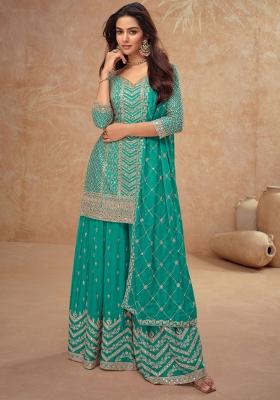 Turquoise Blue Embroidered Chinnon   Plazzo Set With Dupatta