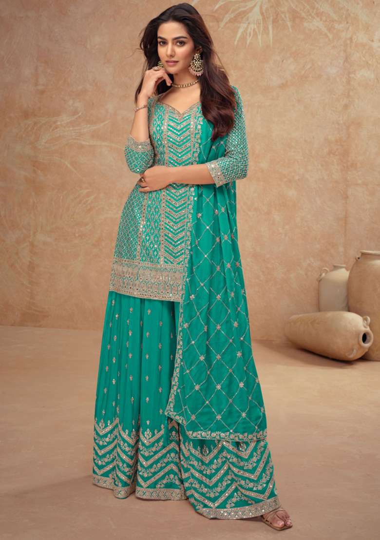Turquoise Blue Embroidered Chinnon   Plazzo Set With Dupatta - Indya