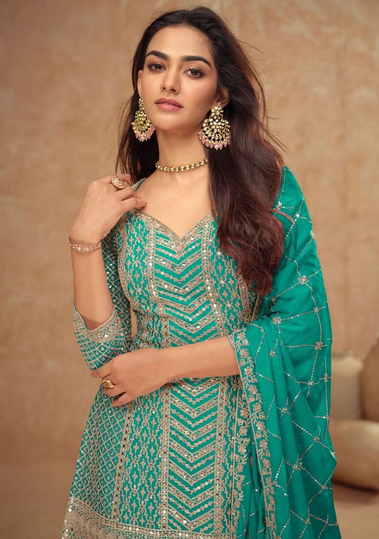 Turquoise Blue Embroidered Chinnon   Plazzo Set With Dupatta - Indya