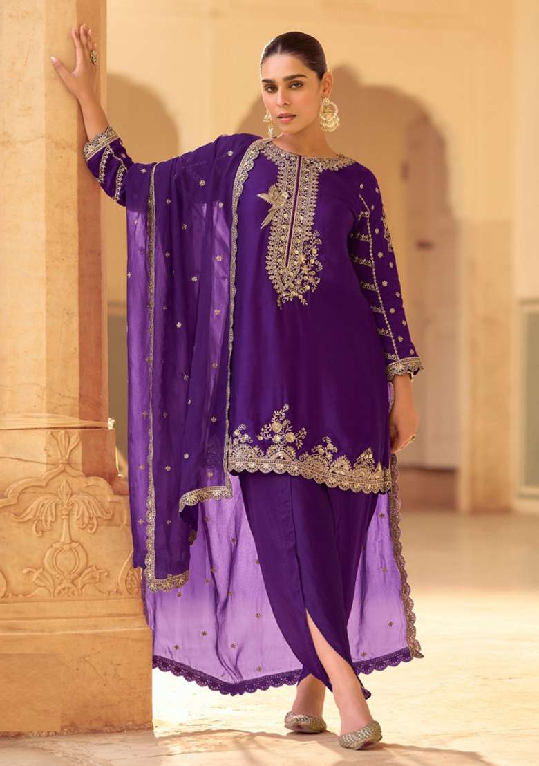 Purple Embroidered Crepe Silk Salwar Kameez With Dupatta - Indya
