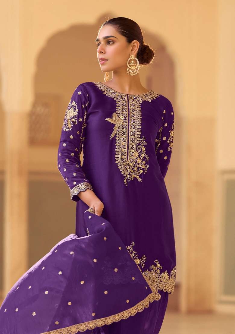 Purple Embroidered Crepe Silk Salwar Kameez With Dupatta - Indya