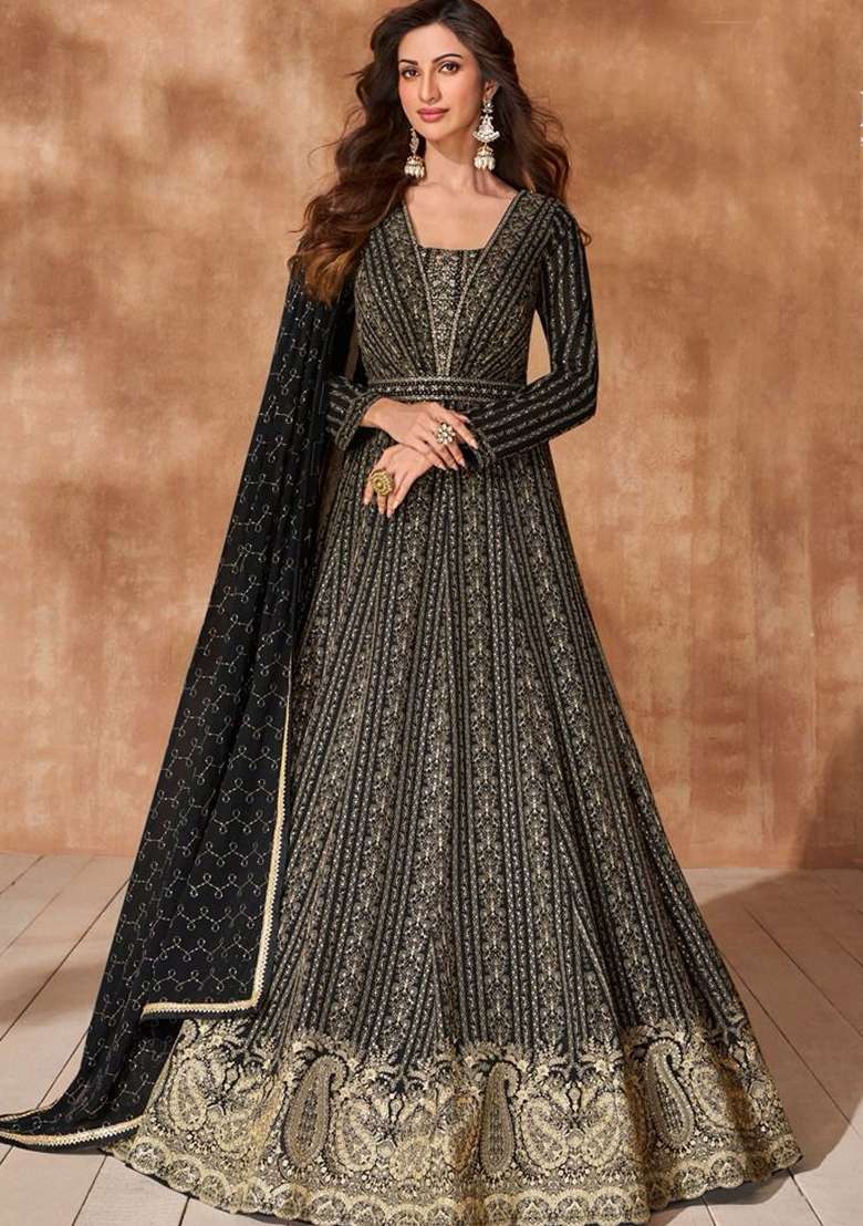 Black Embroidered Georgette Anarkali With Dupatta with Dupatta - Indya